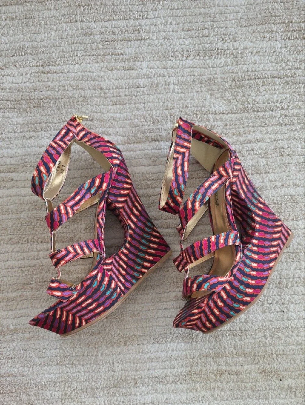 Shoe Dazzle Pink Multi Striped Cutout Wedge Sandals